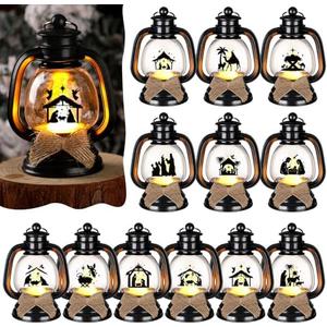 ROCEEI 24 Pcs Christmas Mini Religious Lantern Nativity Scene Table Centerpiece Decorative The Birth of Jesus Small Portable Lanterns with LED Candles for Holy Night Tree Indoor Outdoor Party Decor