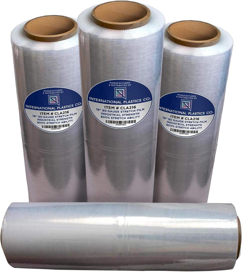 International Plastics Co. 18" Stretch Film/Wrap 1500 feet 7 Layers 80 Gauge Industrial Strength up to 800% Stretch 20 Microns Clear Durable Adhering Packing Moving Heavy Duty Shrink Film Box of 4 International Plastics Co. 18" Stretch Film/Wrap 1500 feet 7 Layers 80 Gauge Industrial Strength up to 800% Stretch 20 Microns Clear Durable Adhering Packing Moving Heavy Duty Shrink Film Box of 4