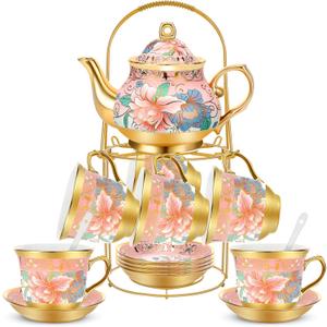 20 Pcs Porcelain Tea Set for Adults with Metal Holder and Spoon European Ceramic Tea Party Set Flower Painting Teapot Cup Saucer for Women Gift, Serving 6 People(Fresh)