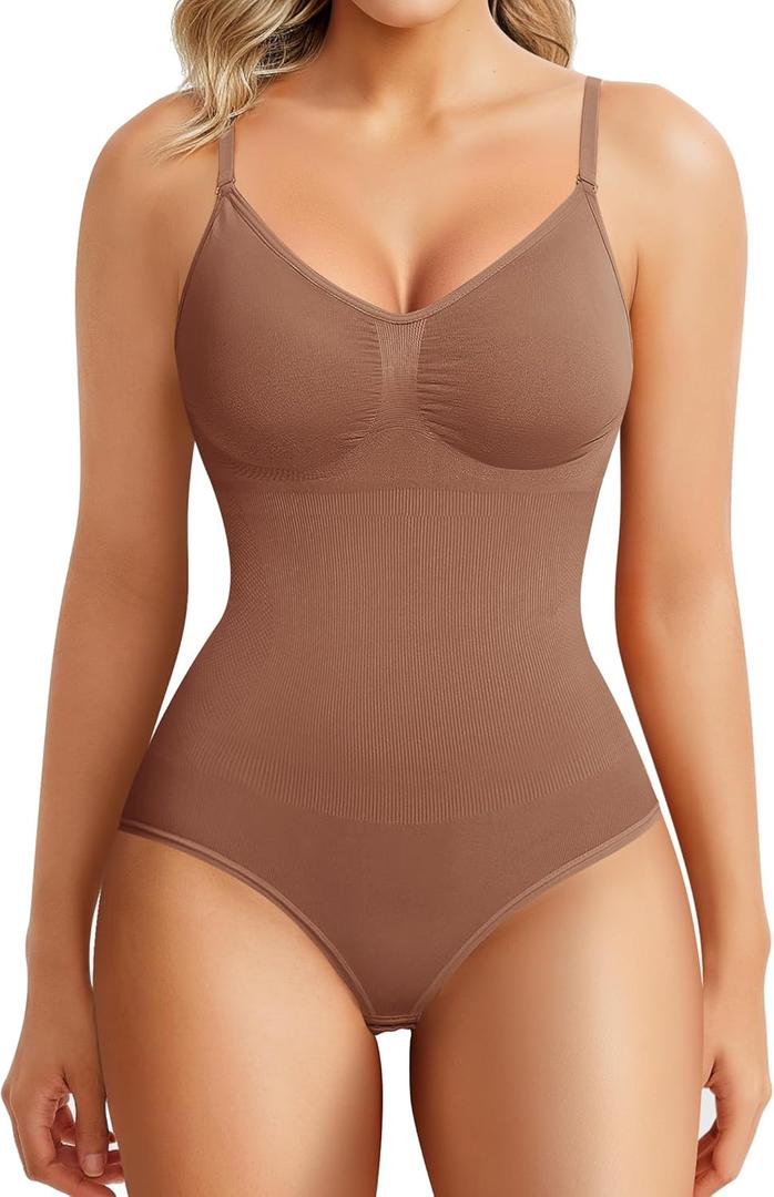 BRABIC Bodysuit Shapewear for Women Tummy Control Panties Seamless Sleeveless Tops V-Neck Camisole Jumpsuit(Coffee Brief, Medium/Large)