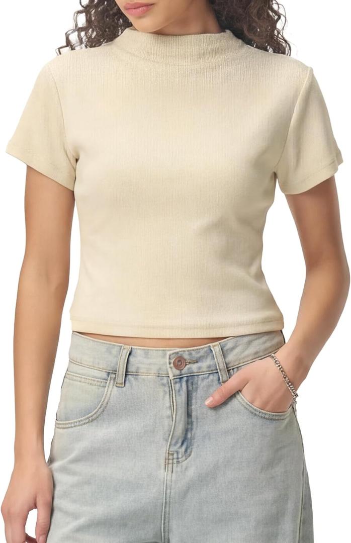 Wyeysyt Crop Tops for Women Mock Neck Ribbed Fitted T Shirts Short Sleeve Basic Tee Shirt (Beige, S)