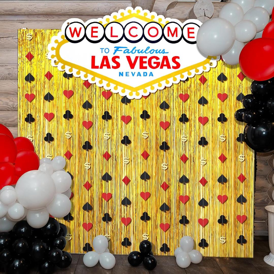 Wonderjune 16 Pcs Casino Theme Party Decor Black and Red Poker Night Backdrop Las Vegas Poker Night Backdrop Gold Foil Fringe Curtain Stereo Casino Welcome to Fabulous Banner for Birthday Dress-up