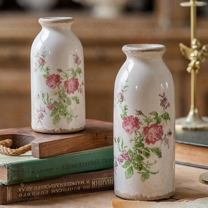 Vintage Rose-Floral Small Ceramic Vase Set, Retro Rustic Farmhouse Cute Flora Vase Gift, Art Décor for Your Home, Kitchen, Bedroom, Office, Living Room, Bathroom & Shelf Centerpiece Table Decorations 