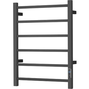 Electric Heated Towel Warmer - Wall Mounted Bathroom Towel Rack, Plug-in Design & Brushed Stainless Steel Black with Timer & Temperature Control 6 Bar