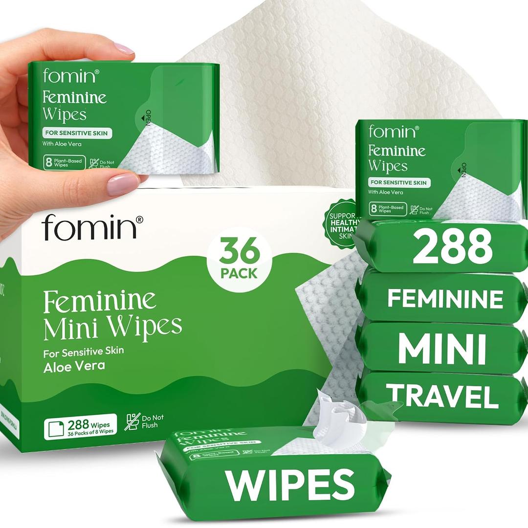 FOMIN Feminine Wipes for Women - 36 Pack (288 Wipes) - pH Balanced Aloe Vera Intimate Cleansing Wipes - Wipes for Sensitive Skin - Individual Packets -Travel Essentials & Gifts for Women & Teen Girls