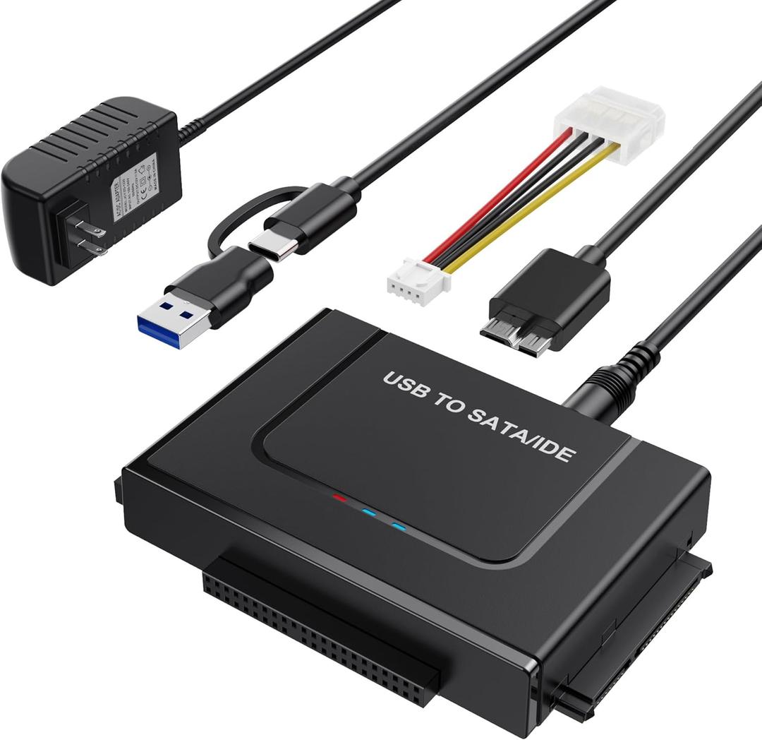USB 3.0 to SATA IDE Adapter Hard Drive Reader for 2.5"/3.5" IDE SATA HDD/SSD, Dual Interface Hard Disk Converter 5Gbps External Hard Drive Adapter Plug and Play with 12V/2A Power Supply