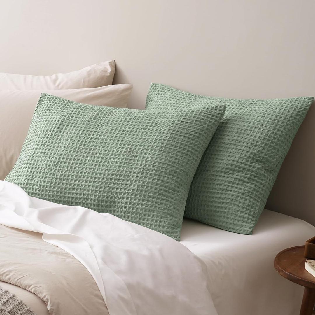 PHF Ultra Soft Waffle Weave Pillow Shams Standard Size, No Insert, 2 Pack 20" x 26" Pillowcases,Breathable & Skin-Friendly Pillow Cases, Stylish Decorative Bed Pillow Cases Covers, Sage Green