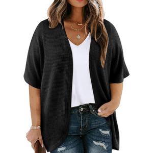 Eytino Womens Plus Size Cardigan Casual Short Sleeve Waffle Knit Kimono Open Front Tops(1X-5X) (Black, 1X)