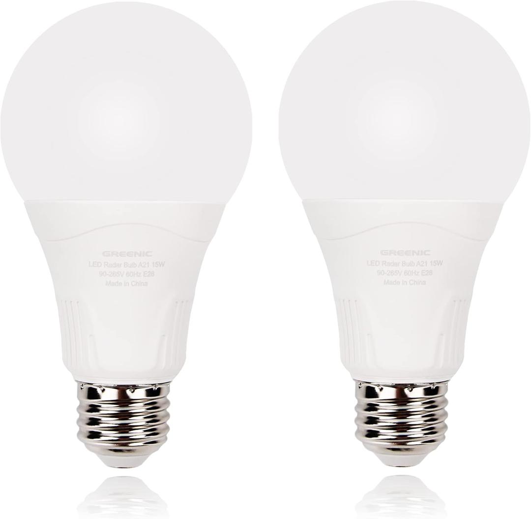 Radar Motion Sensor Light Bulb, 2 Pack A21 15W (100W Equivalent) 1500LM E26 Dusk to Dawn LED Bulbs Outdoor Lighting, Auto Motion Detector Light for Garage, Porch, Driveway, Patio,Daylight 5000k (Daylight 5000k)