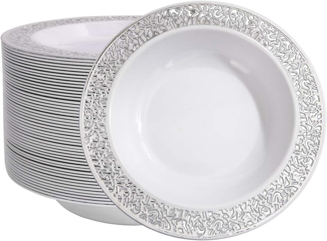 I00000 60 Plastic Soup Bowls 12 oz, Silver Disposable Dessert Salad Bowls, Silver Plastics Party Dishes for Party and Wedding