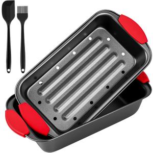 Meatloaf Pan with Drain Tray, 2 Piece Set Meat Loaf Pan with Silicone Grip and Spatula & Basting Brush, Carbon Steel with Nonstick Coating, Oven Safe to 450F, Versatile for Bread, Roasts, Cakes