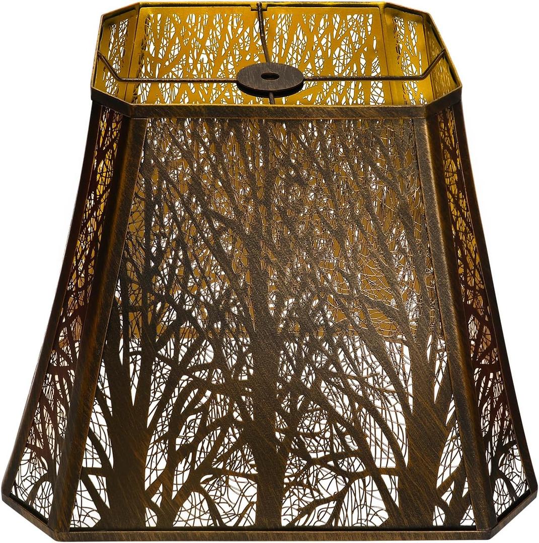 Rectangle Large Metal Lampshade Forest Etching Forest Lamp Shade Pattern Fits For Table Lamps And Floor Lamps Spider Fitter (8+6)" Top x (13.8+8)" Bottom x 11" High (Bronz/Gold)