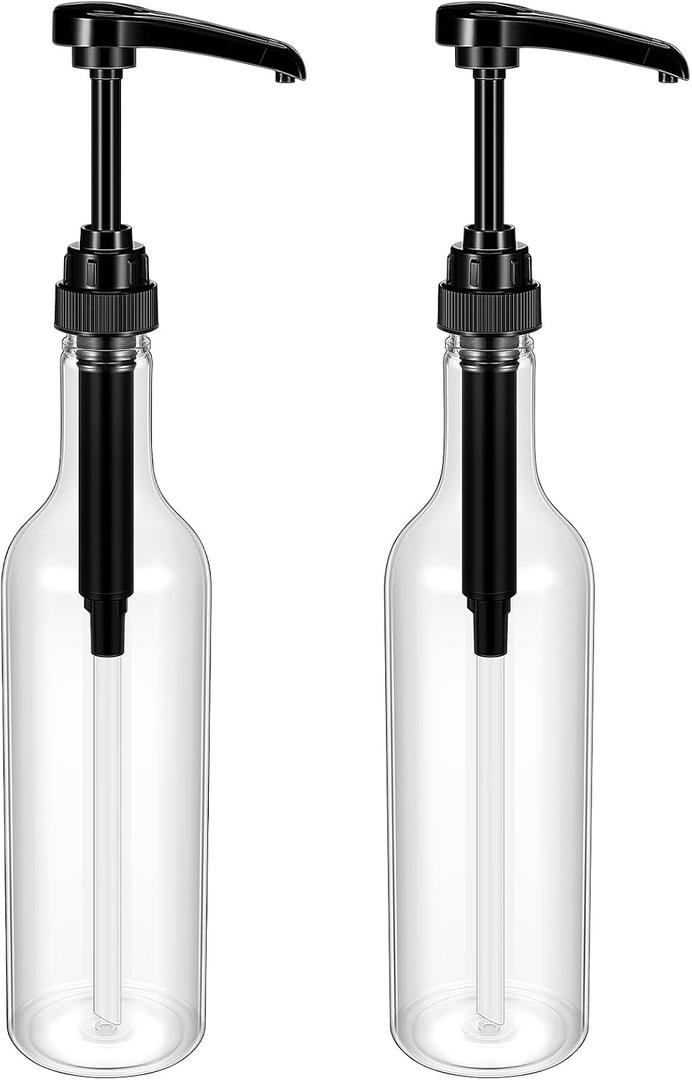 Maxdot 2 Pcs 25 oz Syrup Bottles with Pump Long Neck Bottles Plastic Syrup Pump Dispenser for Coffee Bar Accessories Home Party (Black)