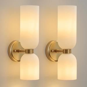 Mid Century Bathroom Wall Sconce - Set of 2 Modern Brushed Gold Brass Sconces - Frosted Milk White Glass Indoor Dimmable Lighting Fixture with Bulb - Double Vanity Lights for Bedroom Living Room Decor