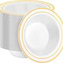 BESTSTAR 100 Pack Disposable Soup Bowls with Gold Rim, 12oz Premium Heavy Duty Plastic Dinner Bowls for Party, Wedding and Holiday