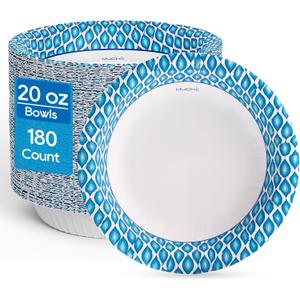 MUCHII 20 Oz Paper Bowls 180 Count Disposable Bowls, Printed Soak Proof Large Bowls for Breakfast, Lunch, and Dinner Meals