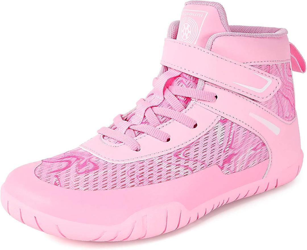 Sisttke Kids Wrestling Shoes Boys Girls Boxing Shoes Fitness Sneakers Zero Drop Sole (5.5 Big Kid, Pink)