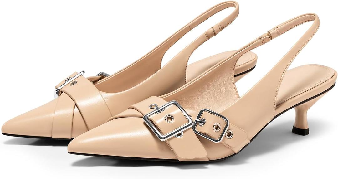 Coutgo Womens Slingback Kitten Heels Closed Pointed Toe Pumps Studded Buckle Strap Party Dress Shoes (8.5, Khaki)
