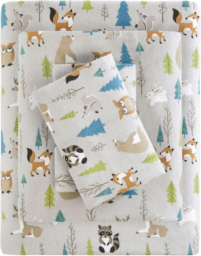 True North by Sleep Philosophy Cozy Flannel Warm 100% Cotton Sheet - Novelty Print Animals Stars Cute Ultra Soft Cold Weather Bedding Set, Twin, Multi Forest Animals 3 Piece