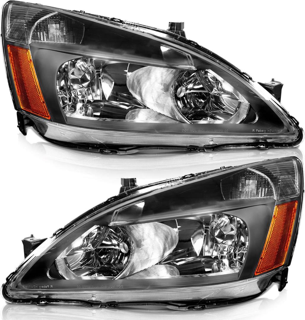 WEELMOTO Headlight Assembly for 2003-2007 Honda Accord, OE Headlamp Replacement, Black Housing, Amber Reflector, Left+Right 2/4-Door