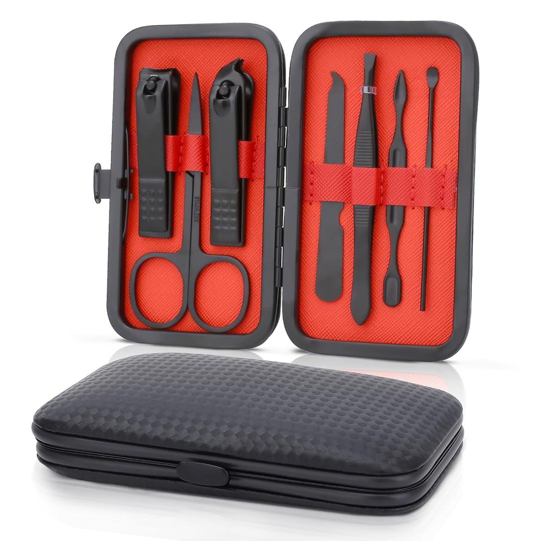 Manicure Set-Stainless Steel Nail Care Set-Professional 7 in 1 Ingrown Toenail Clipper Grooming Tool-Pedicure Kit & Toe Nail Cutter-Thick Nail Scissors Toiletries with Cuticle Trimmer (Black)