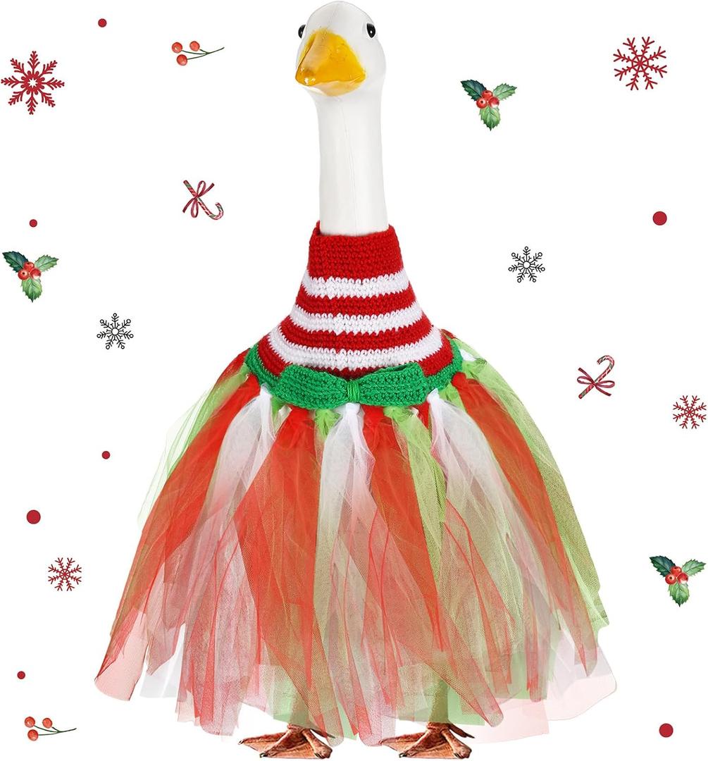 Eccliy Christmas Goose Outfit Set Red White Green Crochet Dresses with Gauze Handmade Xmas Porch Goose Costume for 23 High Cement Plastic Statue Christmas Party Outdoor Patio Yard Lawn Art Decoration