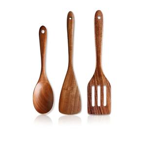 3 Pcs Best Wooden Spoons for Cooking Kitchen Utensils Set Acacia Wood Cooking Spatula Turner Non Toxic Utensil Slotted Serving Spoon Flat Spatulas Set Wooden Utensis Mixing Cooking Spoon Kitchen Tools