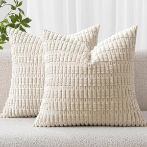 Mecatny Corduroy Decorative Throw Pillow Covers 18x18 Set of 2 for Sofa Living Room, Soft Neutral Boho Couch Pillow Covers for Home Decor, Khaki, White