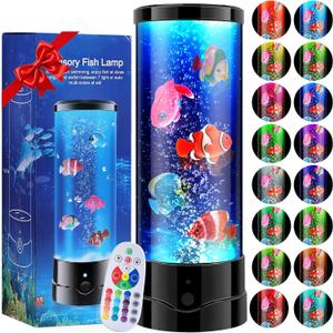 LED Aquarium Bubble Fish Tank Table Lamp, Birthday Christmas Gifts for Adults Kids Teens, Relaxing 16 Color Remote Fake Fish Sensory Night Light for Kids' Room Bedroom Home Decor, Stress Relief