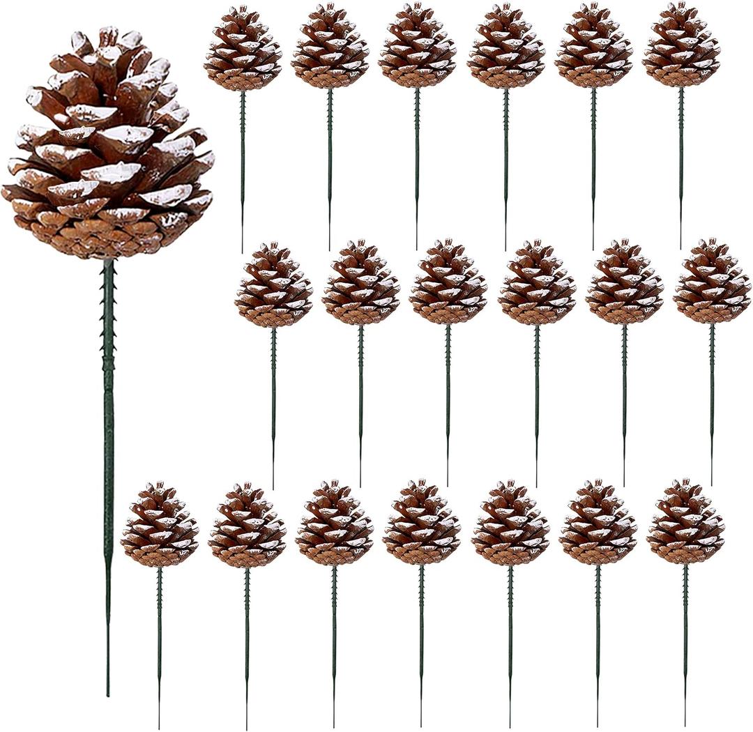 20 Pieces Christmas Pine Cones Decorations Picks - Snow Pine Cone for Xmas Tree Garland Wreath Ornaments Pinecones Decorating Winter Holidays Home