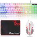 BlueFinger RGB Gaming Keyboard and Backlit Mouse Combo, USB Wired, LED Gaming Set for Laptop PC Computer Game and Work(White)