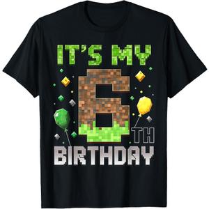 Kids 6th Birthday Gamer Pixel 6 Years Old Video Game Party T-Shirt (Black, XS)