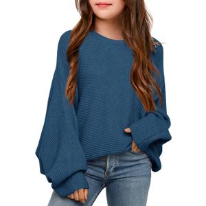 Mafulus Girl's Oversized Crewneck Fall Sweaters Kids Batwing Long Sleeve Slouchy Chunky Cute Pullover Jumper Shirts 5-14T (Navy)