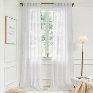 White Linen Semi Sheer Curtains 80 Inches Long for Living Room Sliding Glass Door,Light Filtering Textured Back Tab Rod Pocket Farmhouse Classic Vintage Decor Curtain for Bedroom 2 Panels 42x80