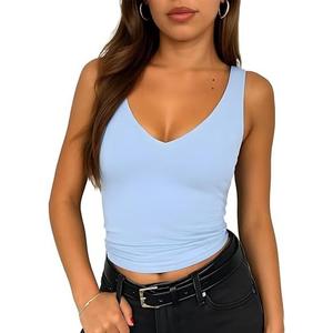 ForeFair Women's Sleeveless V Neck Crop Tank Top Summer Double Layer Going Out Workout Casual Basic Tops Size M
