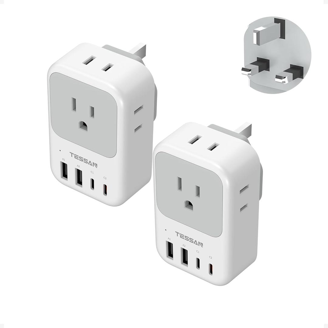 Type G Adapter for Travel 2 Pack, TESSAN PD 20W US to UK Plug Adapter with 4 AC Outlets 4 USB Ports (2 USB C), Ireland Power Adaptor for USA to England London British Scotland Dubai Hong Kong Kenya