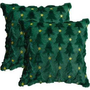 colorlife Christmas Tree Star Green Throw Pillow Cover Set of 2, 20 x 20Inch Soft Plush Faux Fur Jacquard Festivals Winter Cushion Case Decoration for Sofa Couch