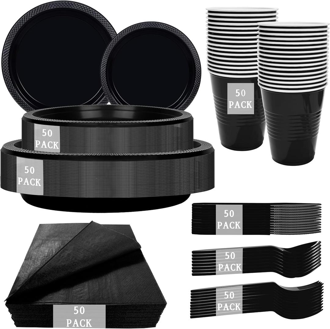 MirthMood 350PCS Black Disposable Plates,Black Plates,Plastic Party Supplies, Includes 50 Dinner Plates, 50 Salad Plates, 50 Silverware, 50 Napkins and 50 12OZ Cups for Wedding & Birthday & Party