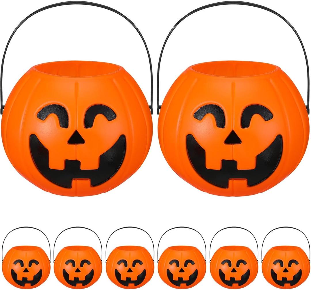8 Pcs Plastic Pumpkin Buckets Trick or Treat Halloween Candy Baskets with Handle 6.7 x 5.1 Inches Plastic Pumpkin Large Candy Basket for Halloween Trick or Treat Party Supplies (Smile)
