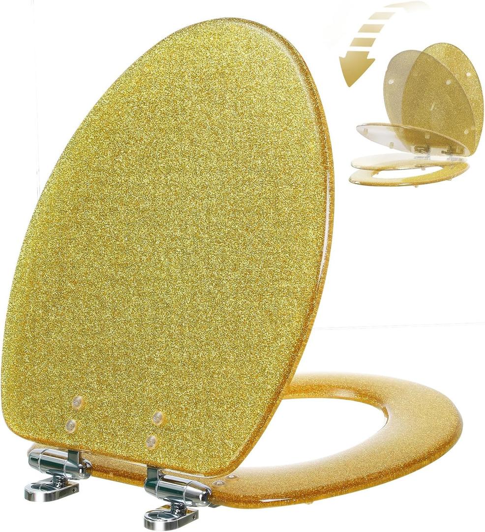 Angol Shiold ELONGATED Gold Glitter Resin Toilet Seat Soft Close Quick Release Adjustable Hinge Heavy Duty Easy Install & Clean Decorative Acrylic Seats(19 Inch, Gold Glitter, Upgraded hinge)