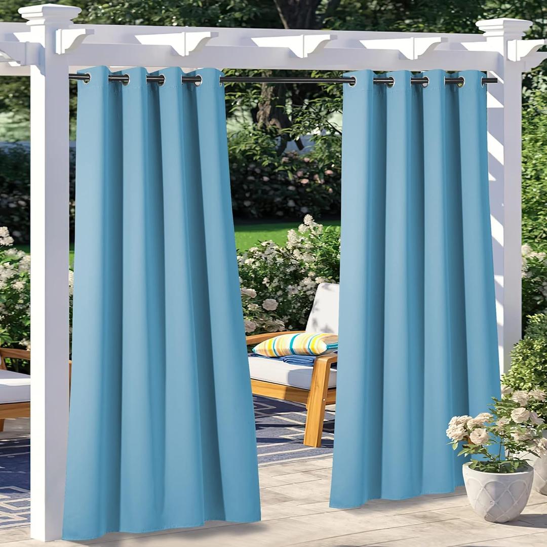NICETOWN Outdoor Curtains for Patio Waterproof Set of 2, Silver Stainless Steel Grommet Blackout Weighted Outdoor Indoor Drapes Thermal Insulated for Balcony/Pool, W52 x L84, Teal Blue