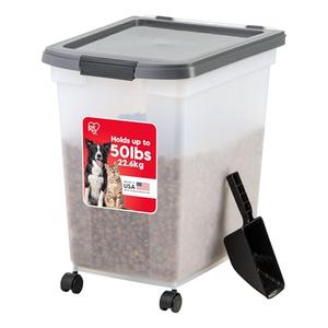 IRIS USA Dog Food Storage Container 50 lbs, with Removable Rolling Wheels & Included Scoop, for Dog Cat Bird and Other Pets, Food Storage Bin, Keep Fresh, Made in USA, Clear/Dark Gray