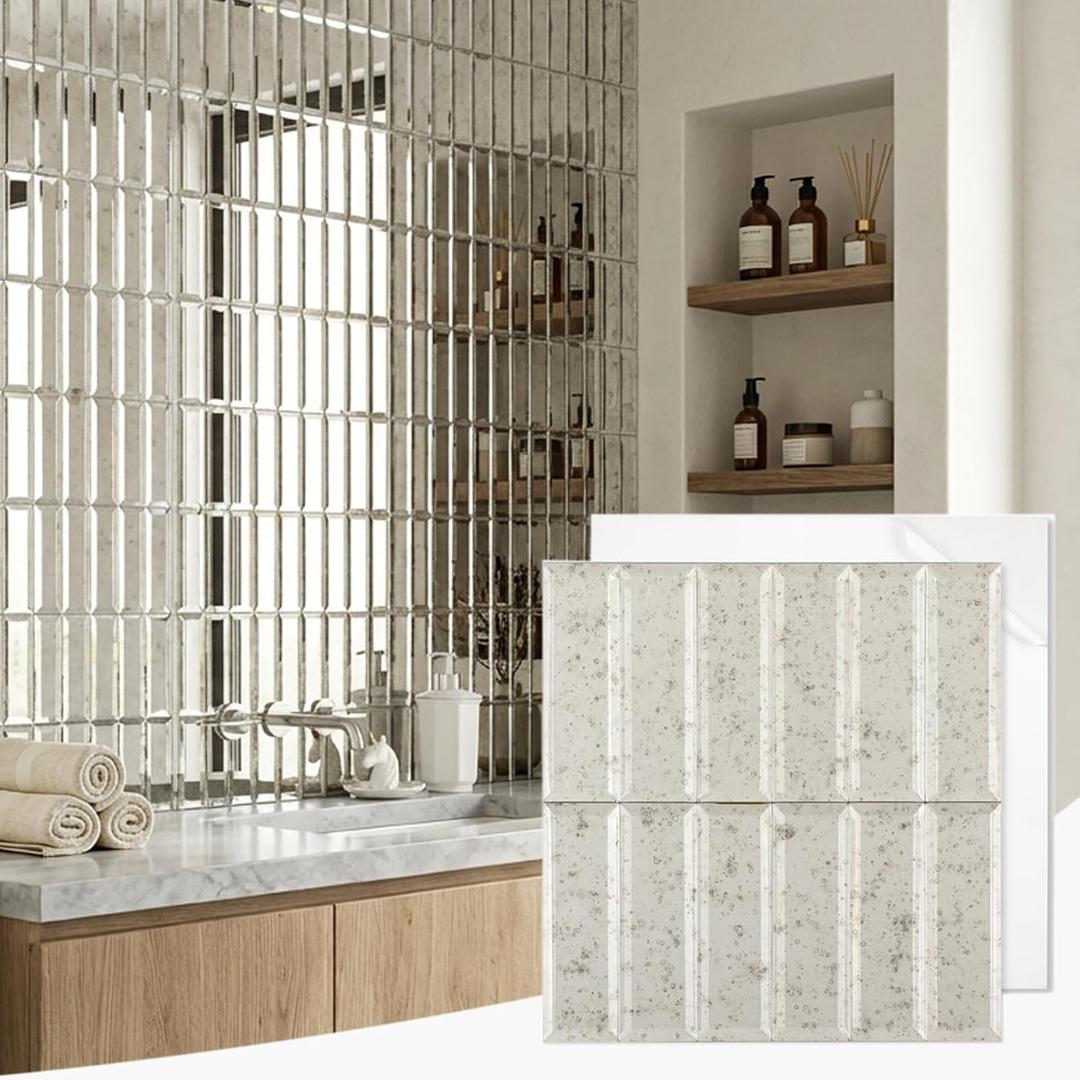 Diflart Peel and Stick Mirror Backsplash, Light Antique, 1.8 x 11.8 Inch, Beveled Two Mirror Strips Tiles for Kitchen Bathroom Accent Wall, Pack of 5 Sheets