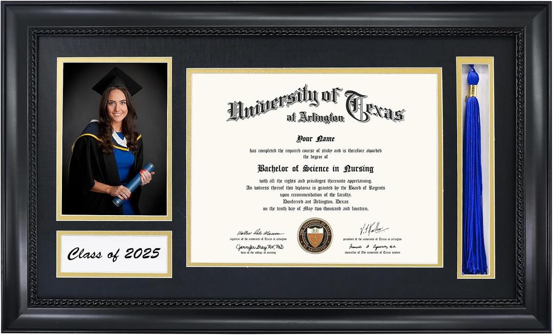 GMFrames Class of 2025 2026 Diploma Frame with Tassel Holder for 8.5x11 Certificate and 5x7 Photo,Solid Wood,Tempered Glass,Black over Gold Mat, 12x21 for 8.5x11, 5x7 with Tassel