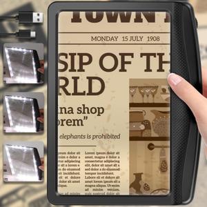 5X Rechargeable Magnifying Glass for Reading, Large Bright LED Lighted Full Page Magnifier, Lightweight Rectangular Handheld Magnifier with Light for Reading Small Prints for Seniors, Black