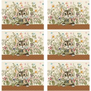 XCHI Wildflowers Cat Daisy Spring Placemats Set of 6 Summer Table Mats for Party Home Kitchen Dining Table Decorations 12x18 Inch