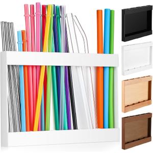 Wooden Straw Holder with Double Sided Adhesive Tape Tumbler Straw Organizer for Cupboard Reusable Tumbler Storage Container for Kitchen Counter(White)