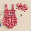 Kuriozud Valentines Day Outfit Baby Girl Bubble Romper Spaghetti Strap Onesie My First/1st Valentines Day Clothes Clothing (3-6 Months, Red Usa)