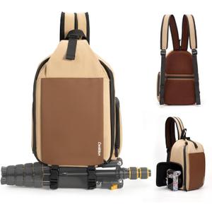 Cwatcun Camera Sling Bag, 2-in-1 as Single-shoulder Camera Bag or Small Camera Backpack with Waterproof Zipper for Travel, Anti-theft DSLR Camera Bag with Tripod Holder for Canon Nikon Sony Fuji-KHAKI