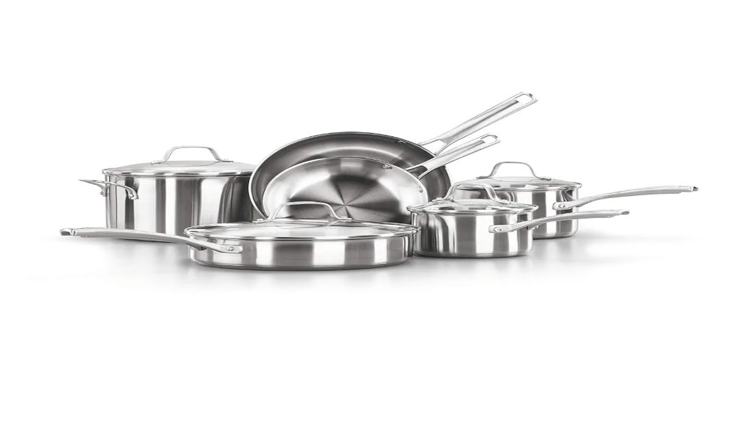 Calphalon Classic Stainless Steel Cookware Set, 10-Piece, Impact-Bonded Aluminum Base, Stay-Cool Handles